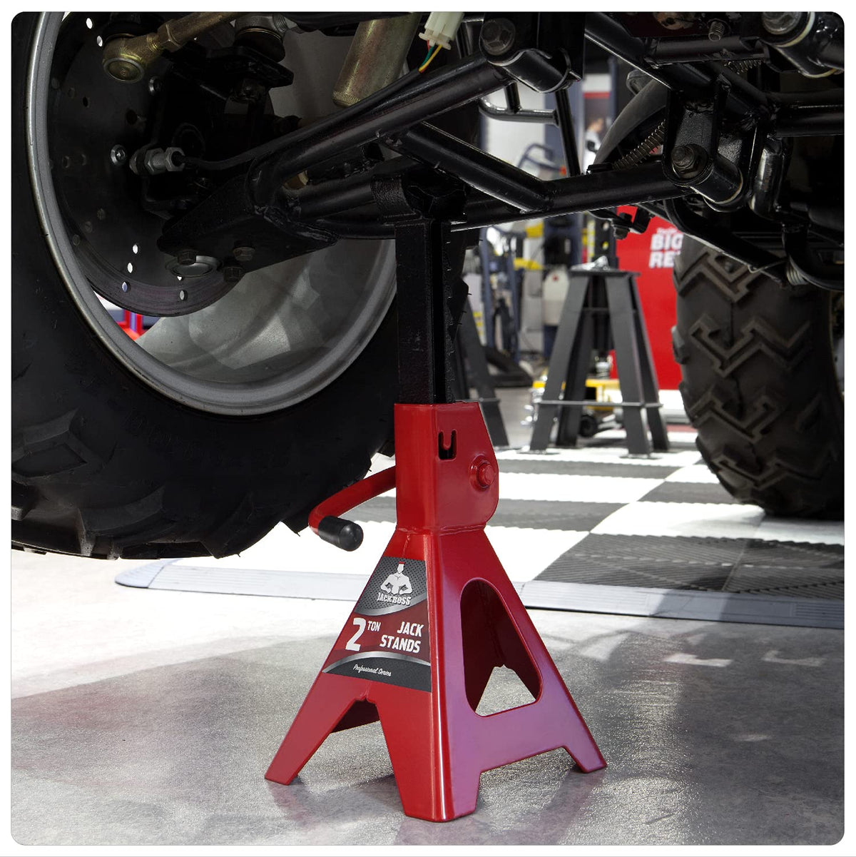Jack Boss red powder-coated finish close-up protecting steel from rust and wear
