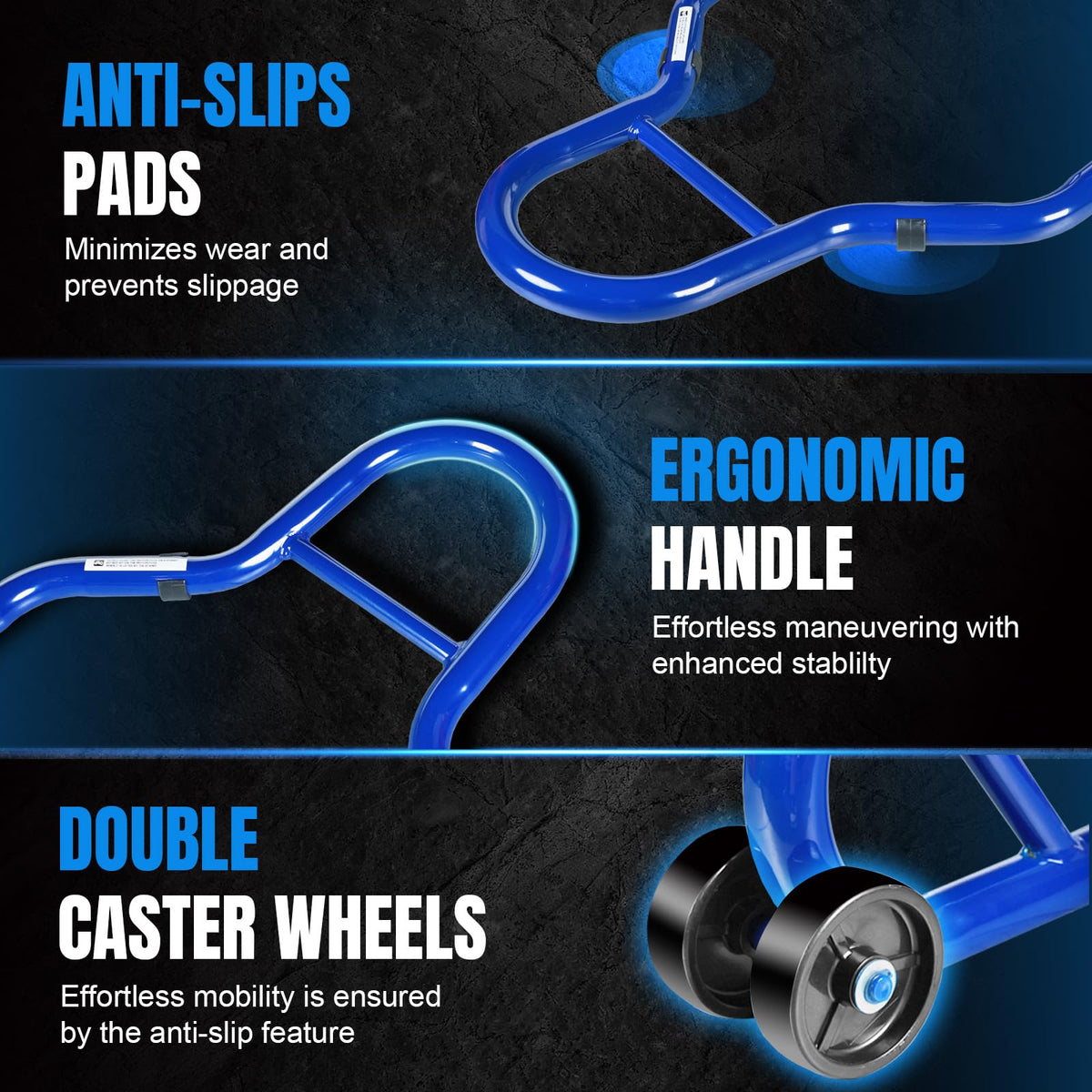 Jack Boss rear stand caster wheels detail showing smooth movement and stable support