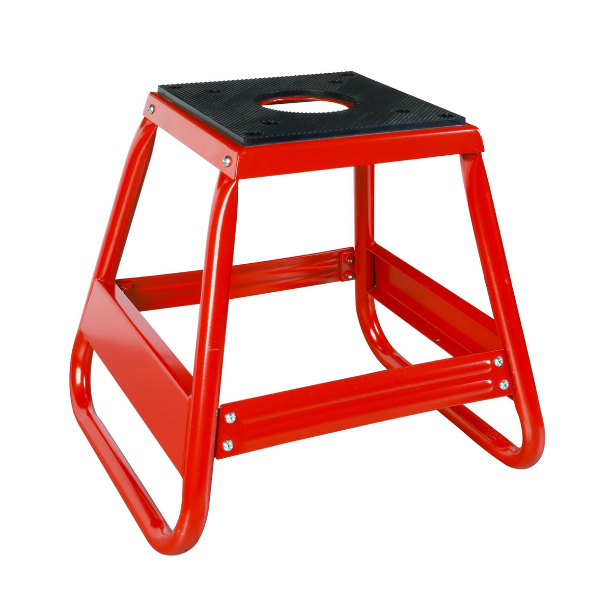 Jack Boss stand front view showing stable base and red finish benefit stability