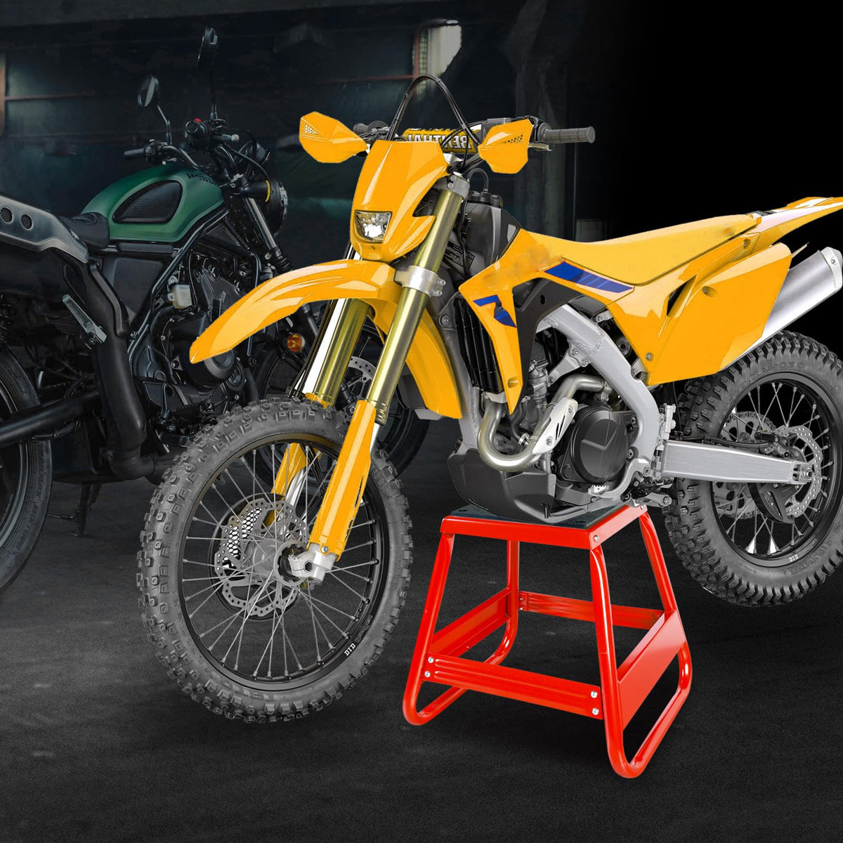Jack Boss stand supporting a dirt bike in garage for safer repairs