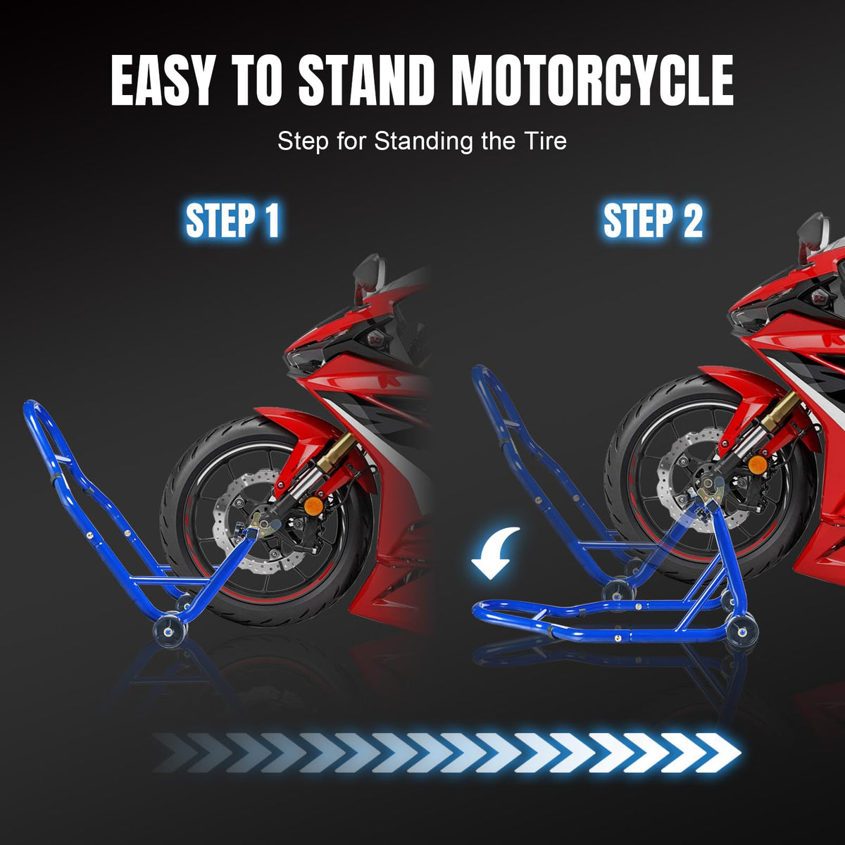 Jack Boss stand in use on a sport bike showing raised wheel for maintenance