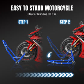 Jack Boss stand in use on a sport bike showing raised wheel for maintenance