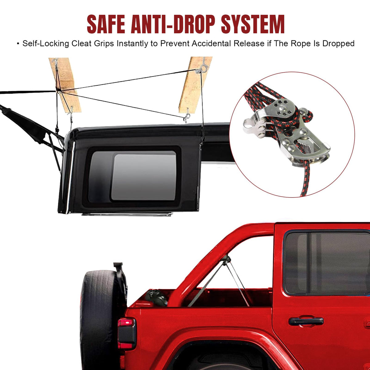Jack Boss self-leveling straps detail keeping the hardtop balanced during lifts and lowers