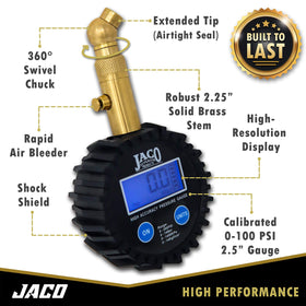 JACO Elite brass stem close-up showing swivel chuck and durable seal benefit
