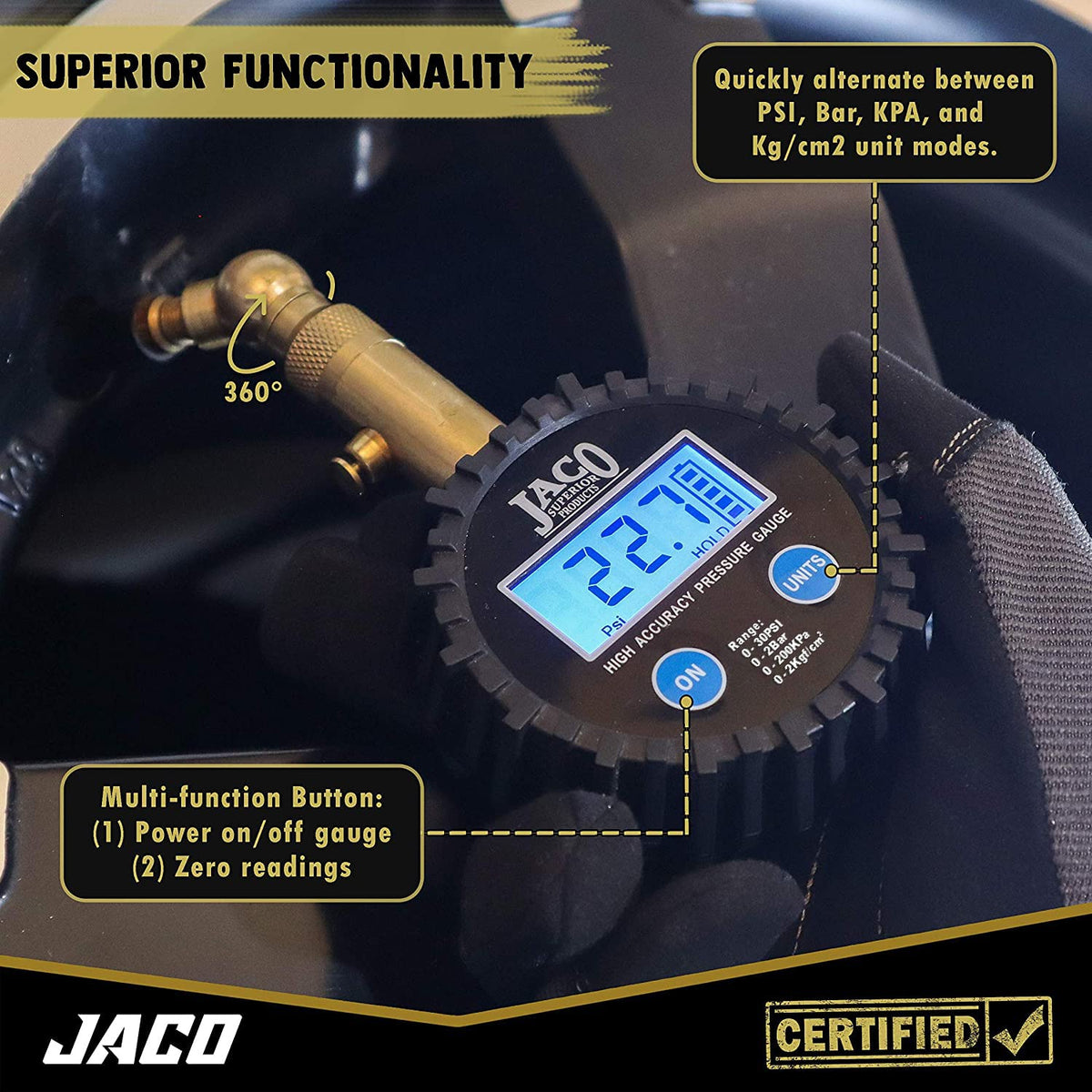 JACO Elite display in use with backlight showing easy reading benefit