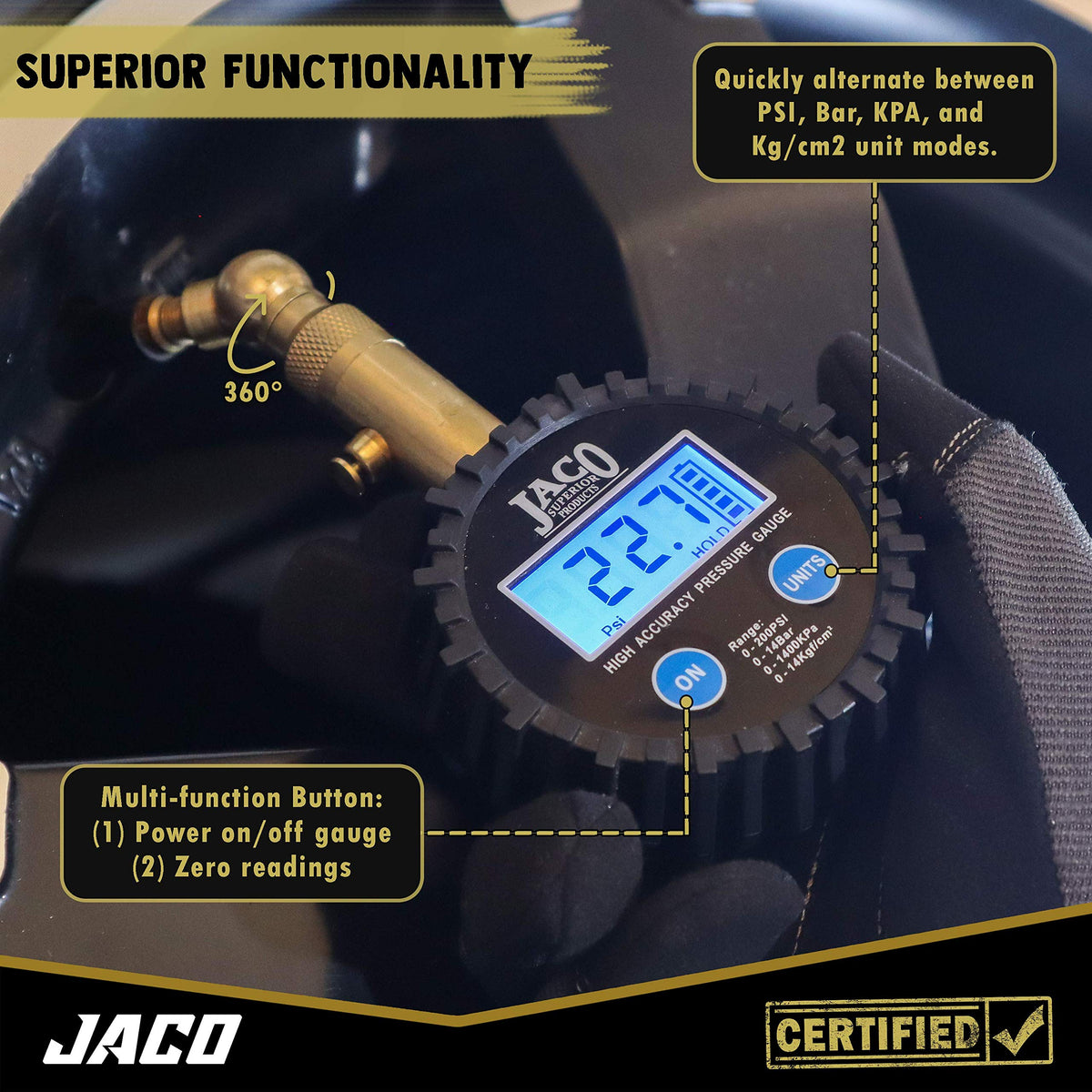 JACO Elite in use on a car tire showing fast accurate reading benefit