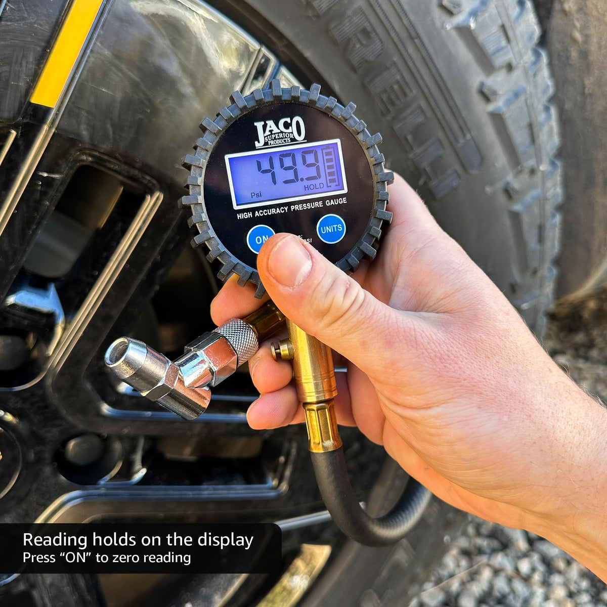 JACO ElitePro attached to a car tire valve illustrating easy shop and roadside use
