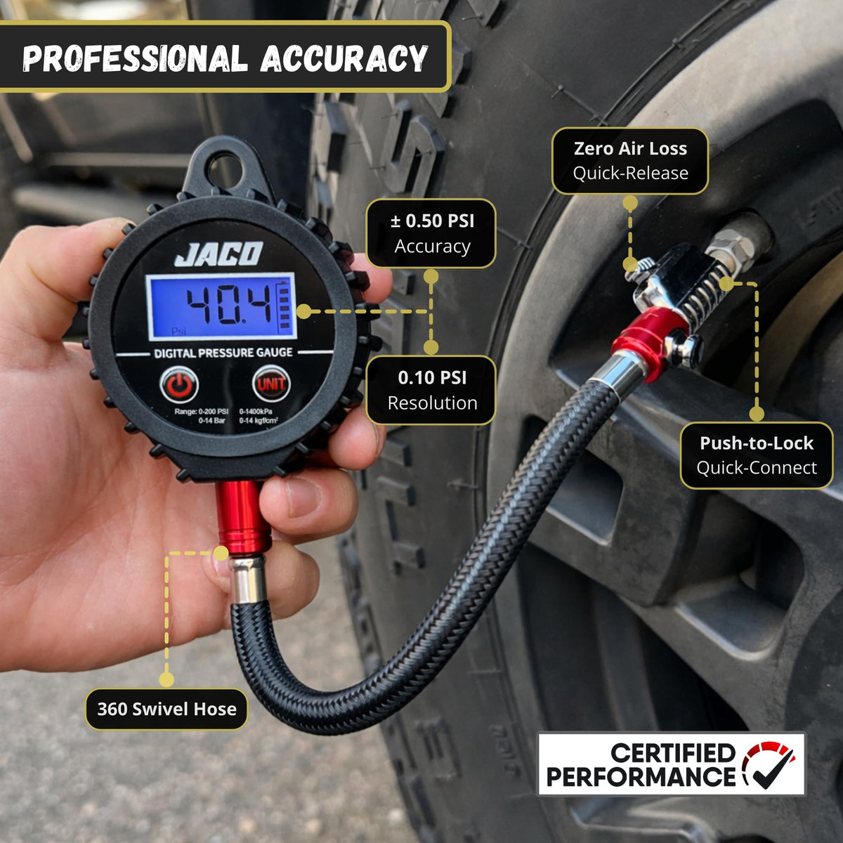 JACO ElitePro-X digital display detail showing precise 0.10 PSI resolution for accuracy