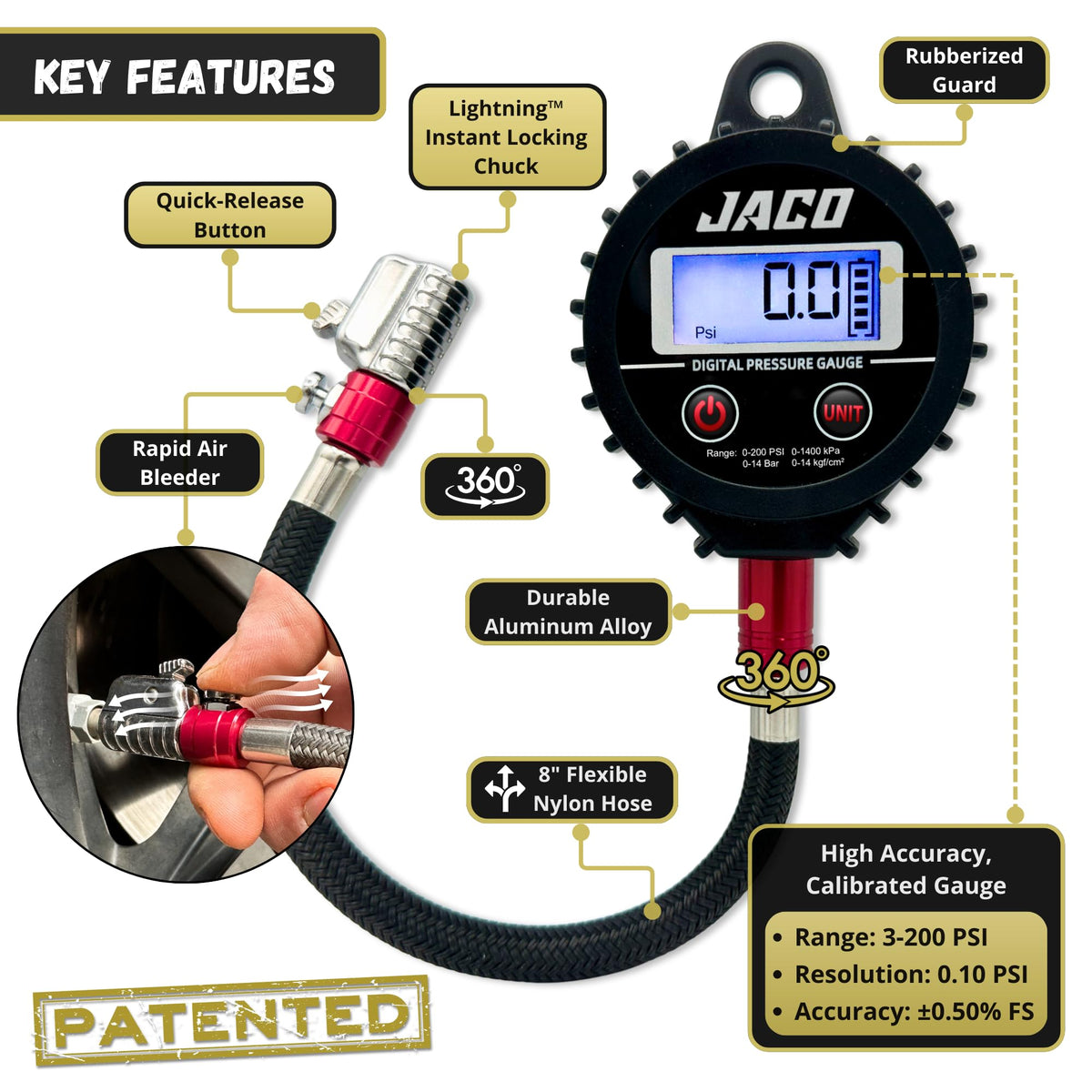 JACO ElitePro-X Lightning Chuck close-up showing push-to-lock nozzle for fast seals