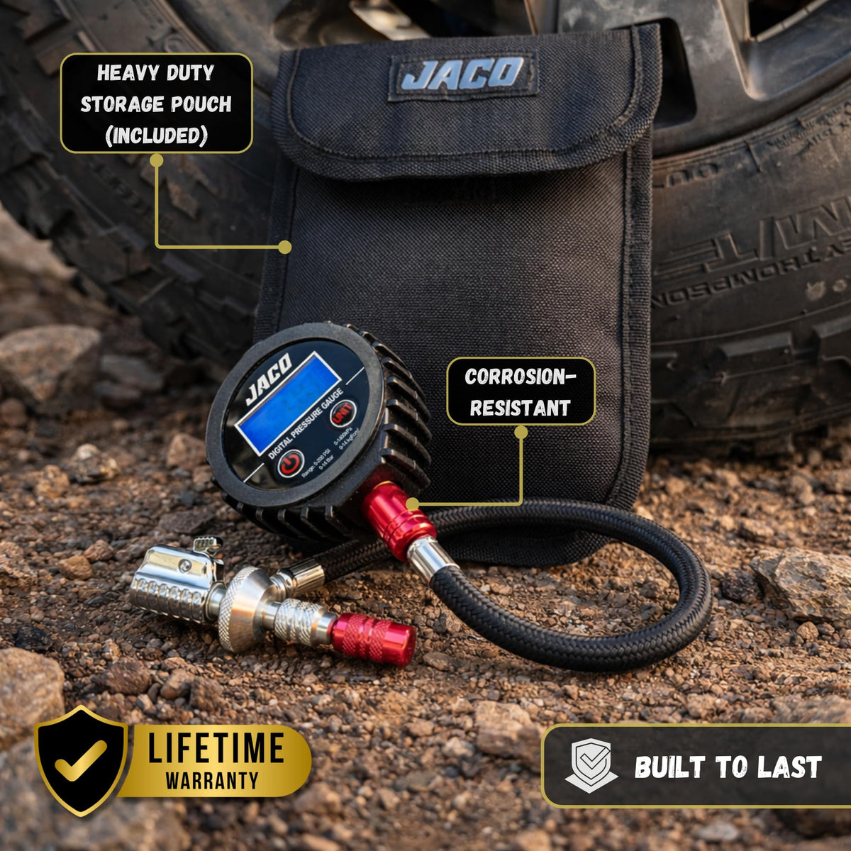 JACO Lightning RX4 attached to tire on trailhead demonstrating fast, controlled airing down