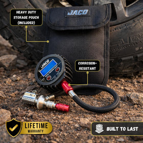JACO Lightning RX4 attached to tire on trailhead demonstrating fast, controlled airing down
