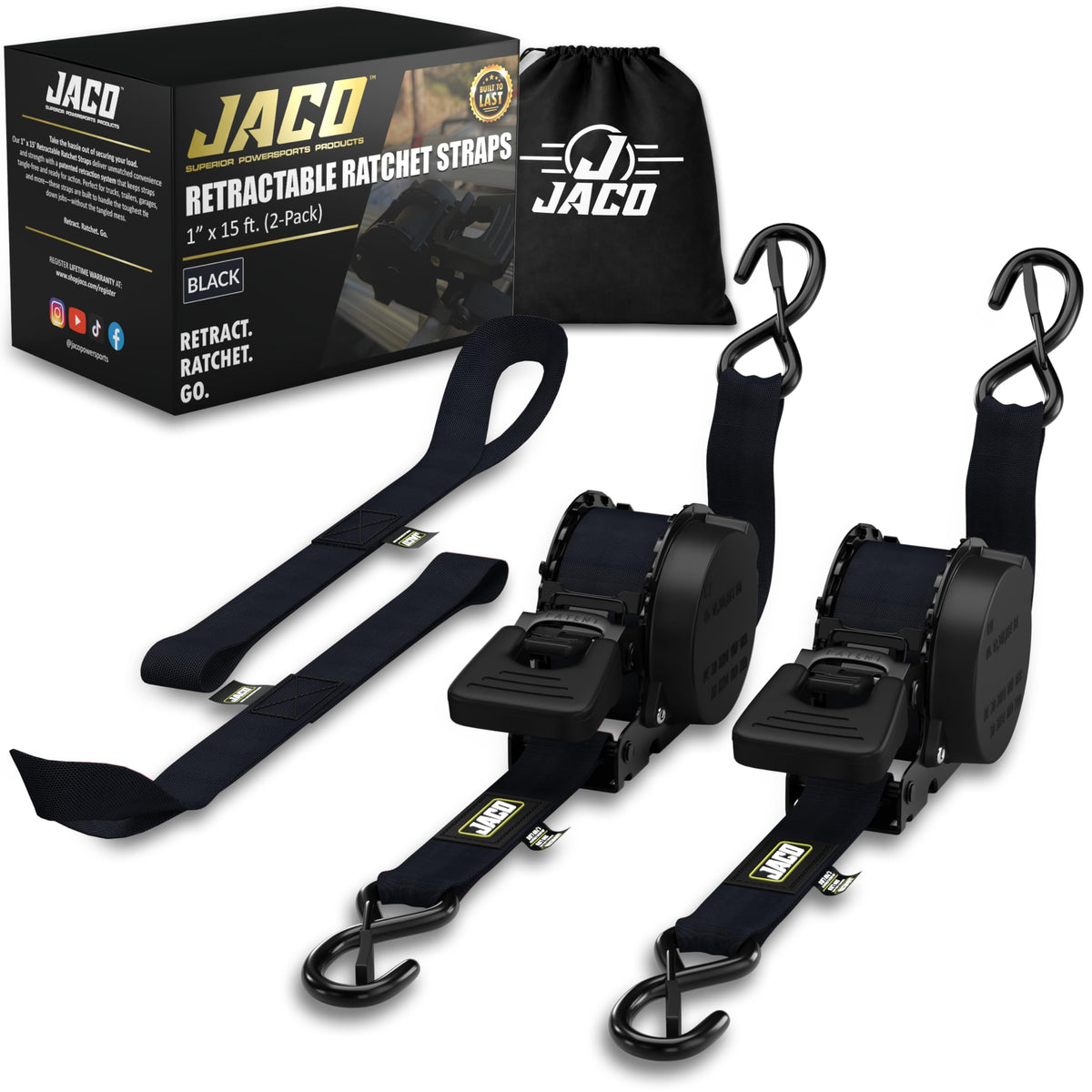 JACO retractable straps front packaging showing kit and benefits