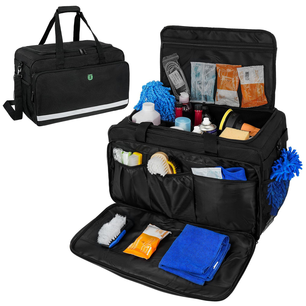 Jaffzora front view with lid showing organized pockets and tidy storage benefit