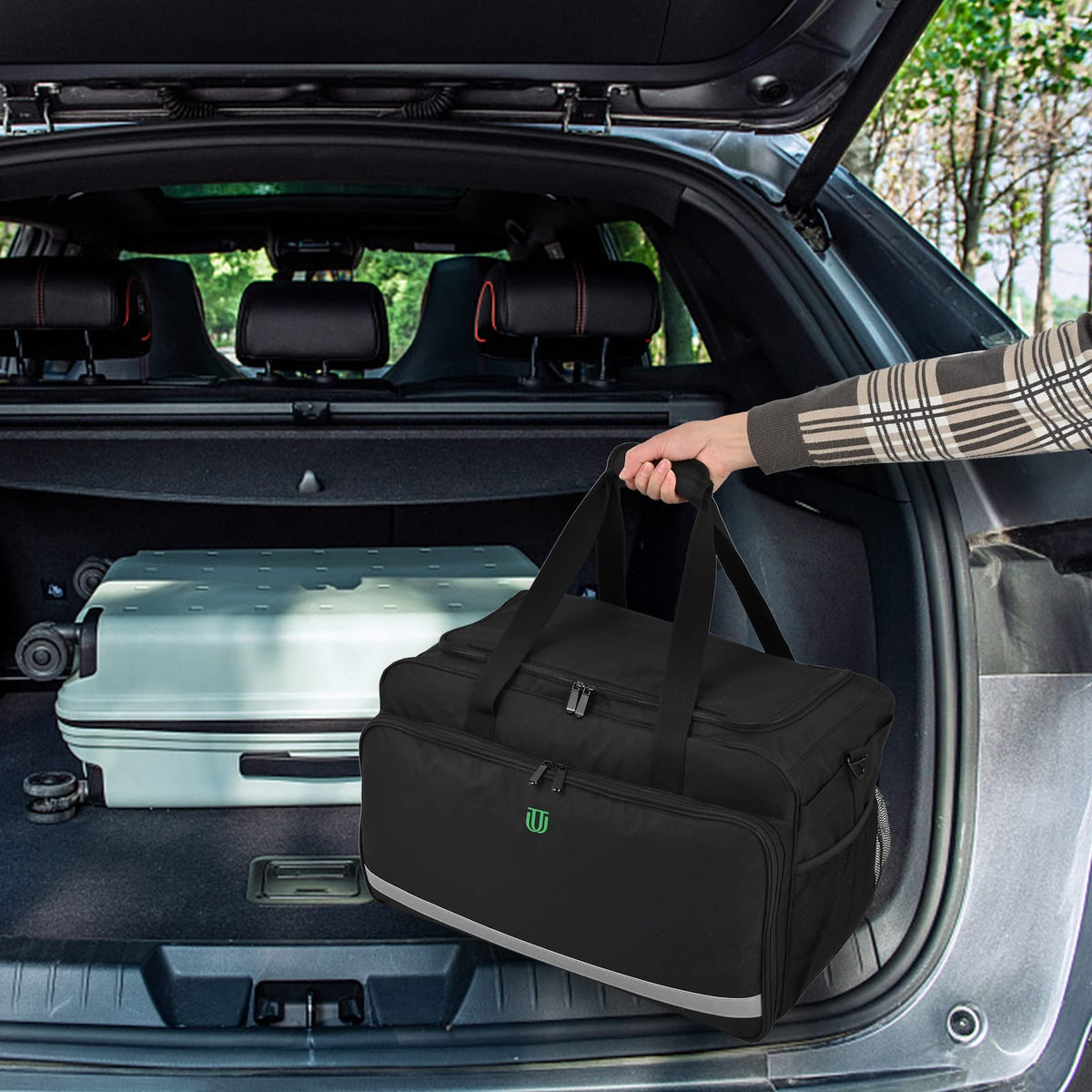 Jaffzora in car trunk organized with detailing gear, saving time and space benefit