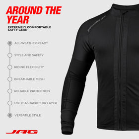 J.A.G. ventilated back protector shown for spine coverage and ventilation benefit