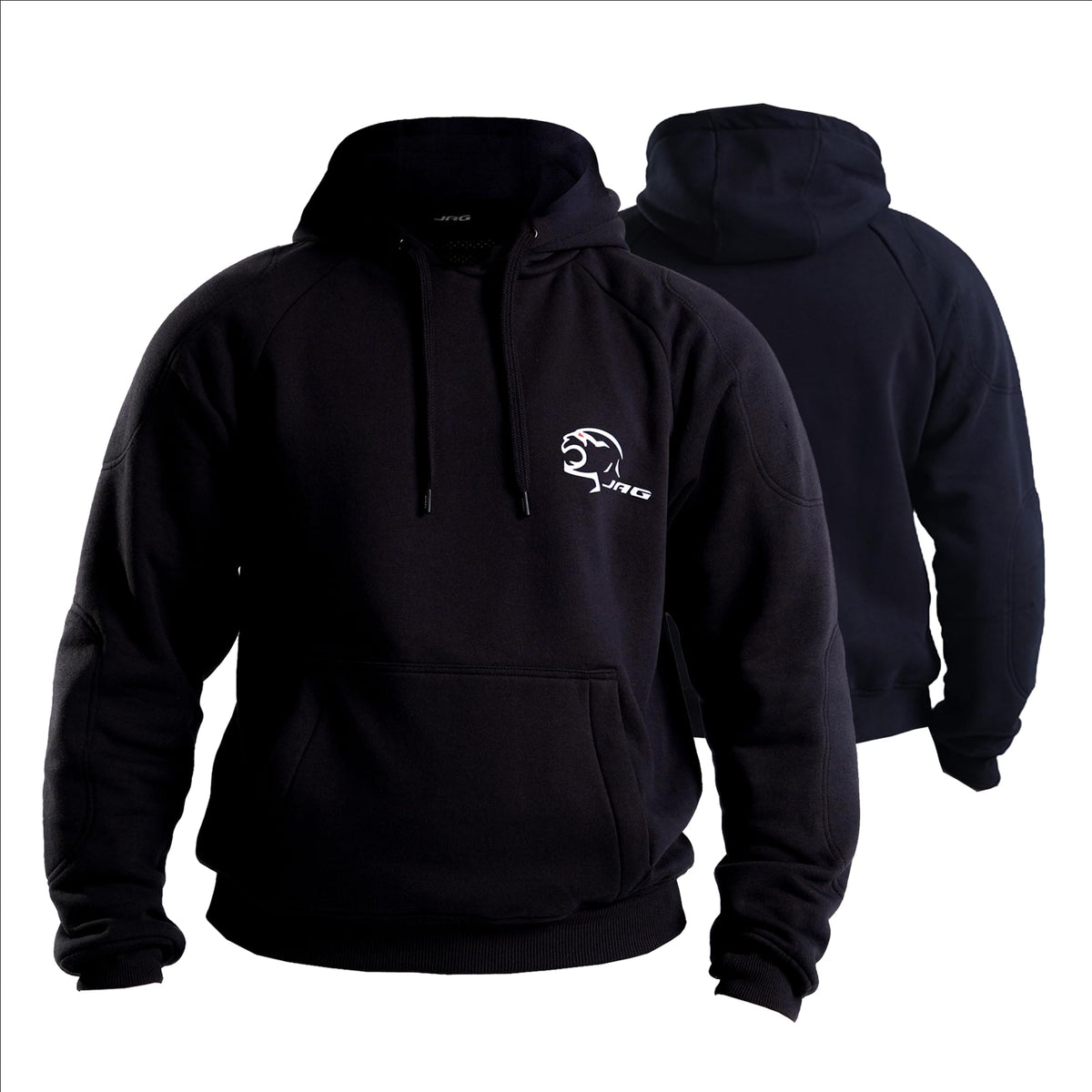 J.A.G. zip-up hoodie front view showing protective fit and commuter style