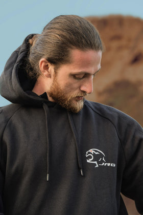J.A.G. pullover hoodie front in grey, casual streetwear and riding-ready