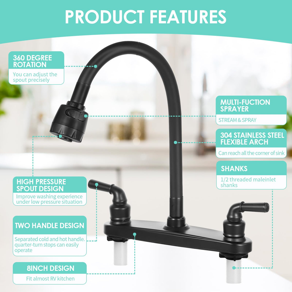 JAKARDA flexible spout extended over sink demonstrating greater reach