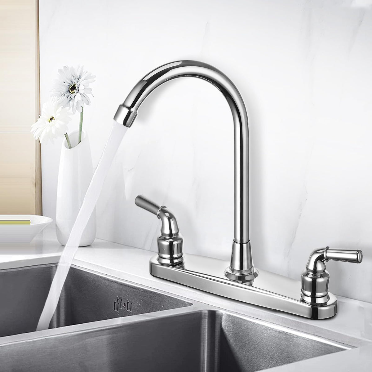 JAKARDA chrome high-arch spout close-up highlighting clearance benefit