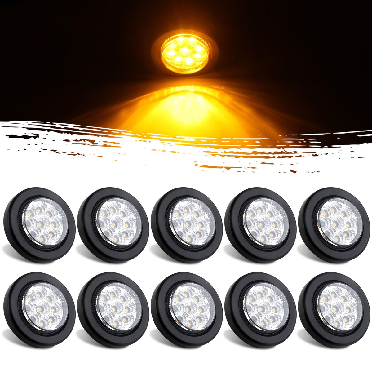 Jamarco front view of 10-piece amber LED marker lights showing compact pack and clear lens benefit