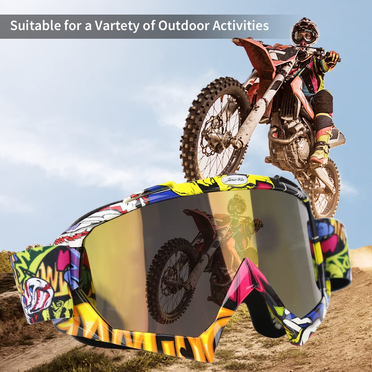 JAMIEWIN rider wearing goggles on motocross bike demonstrating wind protection