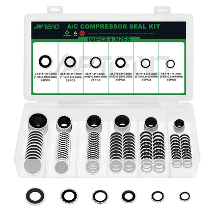 Japtend front package showing full 160PCS A/C compressor seal washer kit and organizer, simplifies repairs