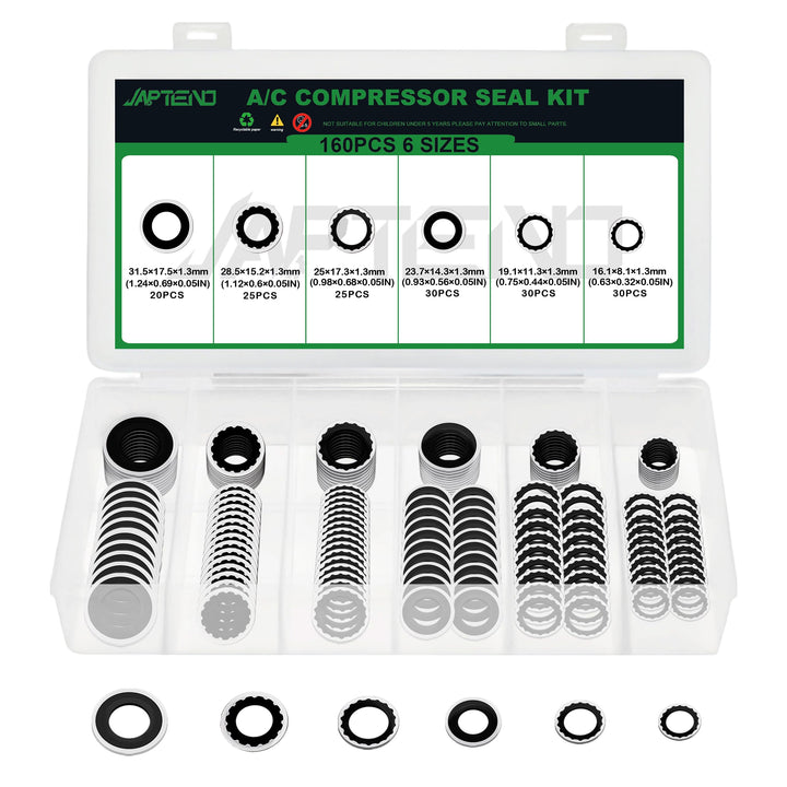 Japtend front package showing full 160PCS A/C compressor seal washer kit and organizer, simplifies repairs