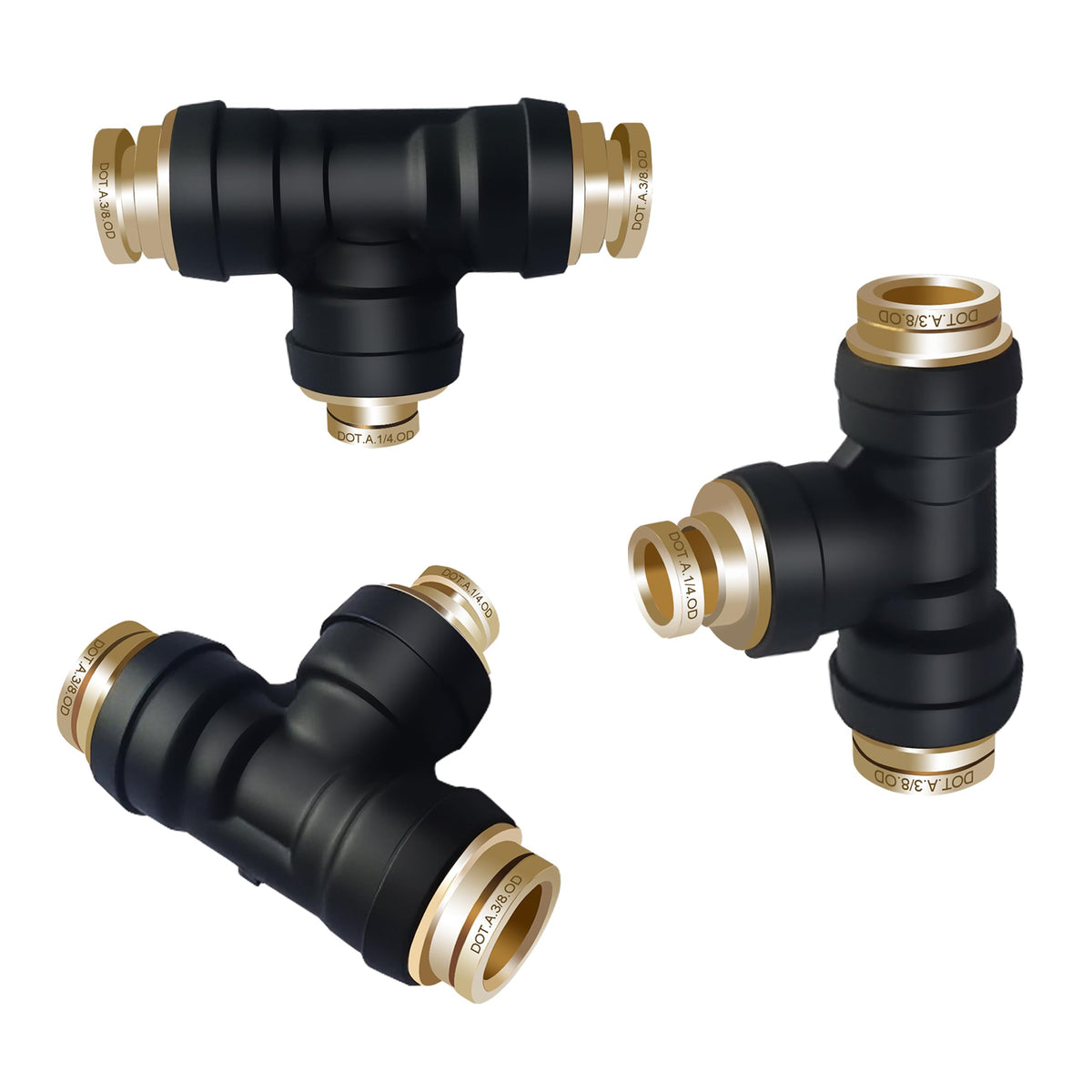 Japtend front view packaging showing three DOT tee fittings and product labeling benefit: clear identification