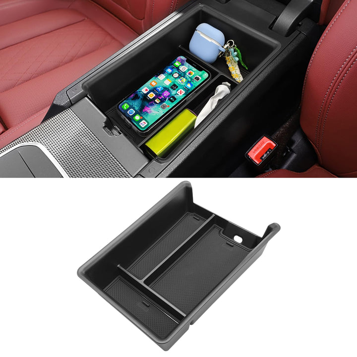Jaronx front view of console organizer showing tidy top-tier storage benefit