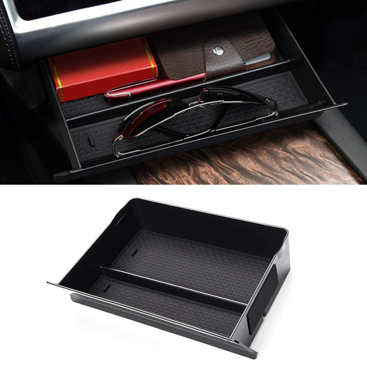 Jaronx front view installed in Tesla console showing neat storage and quick access