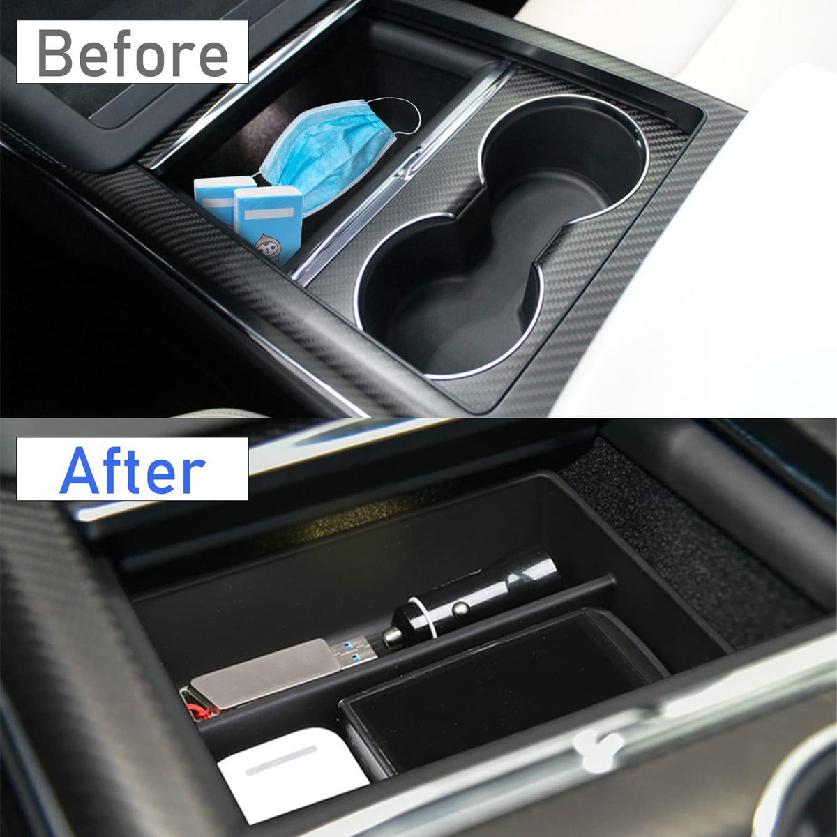 Jaronx tray installed in Tesla Model S console demonstrating perfect, rattle-free fit
