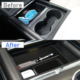 Jaronx tray installed in Tesla Model S console demonstrating perfect, rattle-free fit