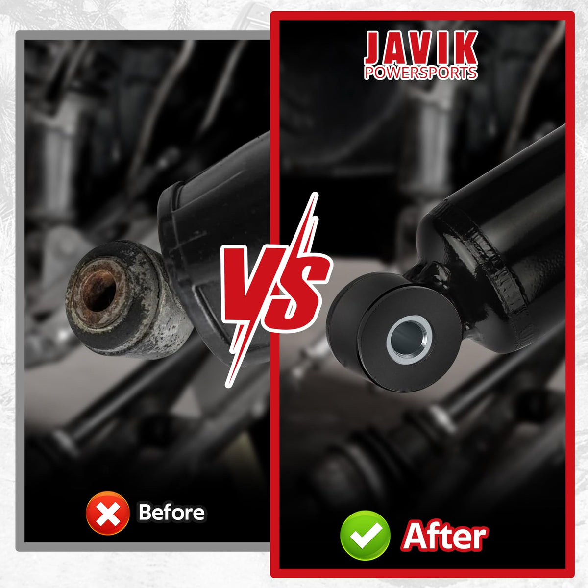 JAVIK bushings installed on a front shock demonstrating improved fit and reduced play