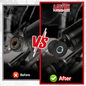 JAVIK bushings installed on a front shock demonstrating improved fit and reduced play