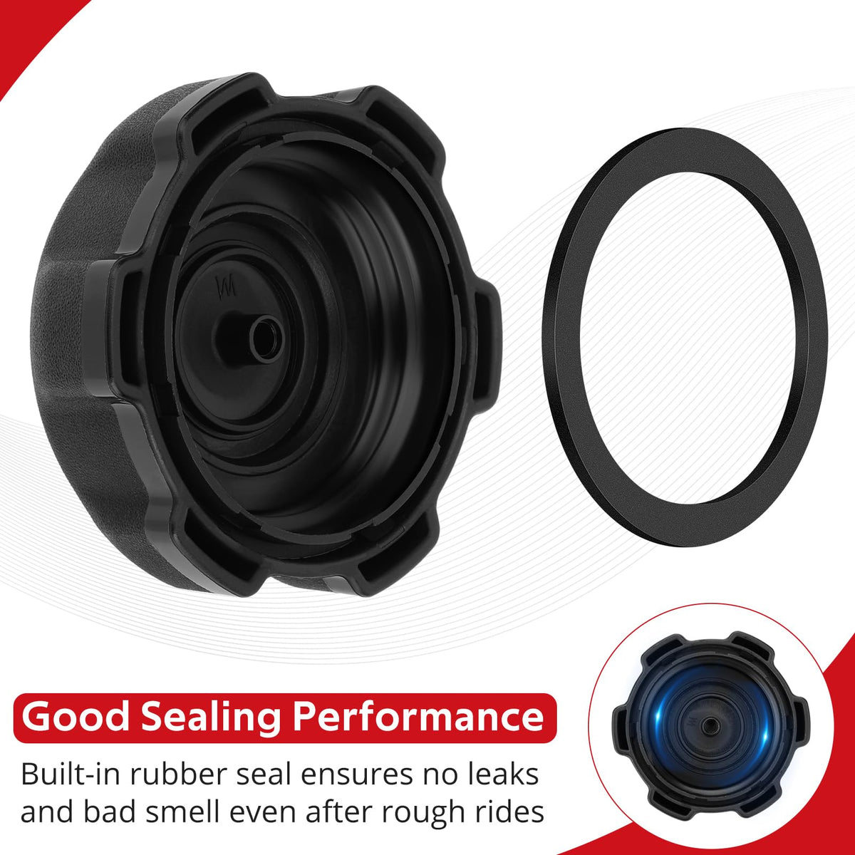 JAVIK gas cap rubber seal closeup showing gasket to prevent leaks and odors