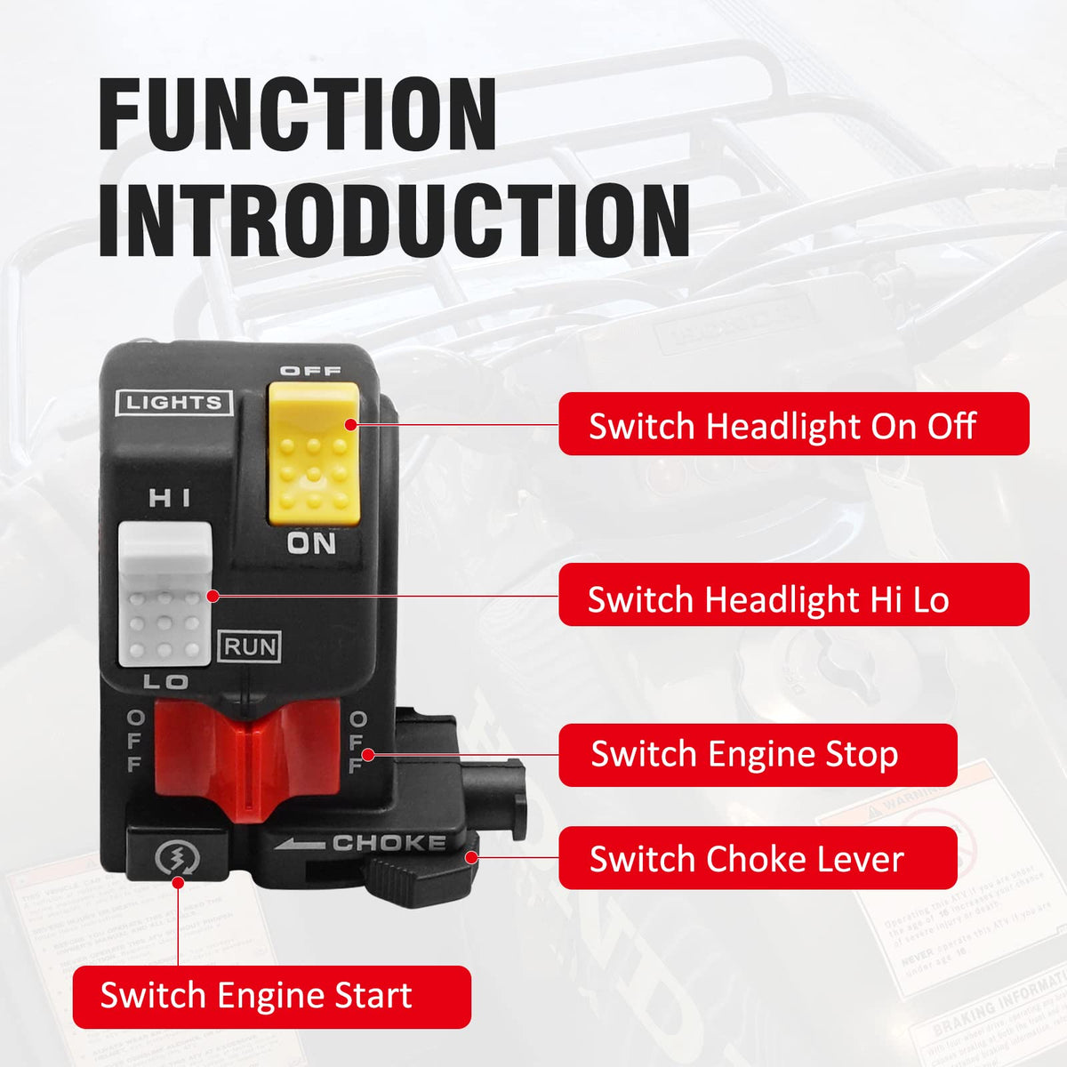 JAVIK switch installed on ATV handlebar demonstrating direct-fit convenience