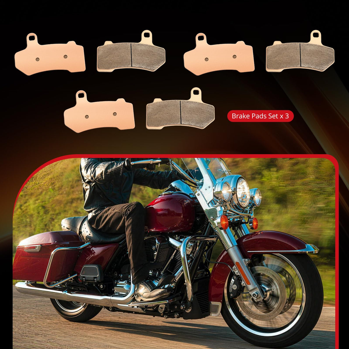 JAVIK pads on touring Harley demonstrating reliable braking performance