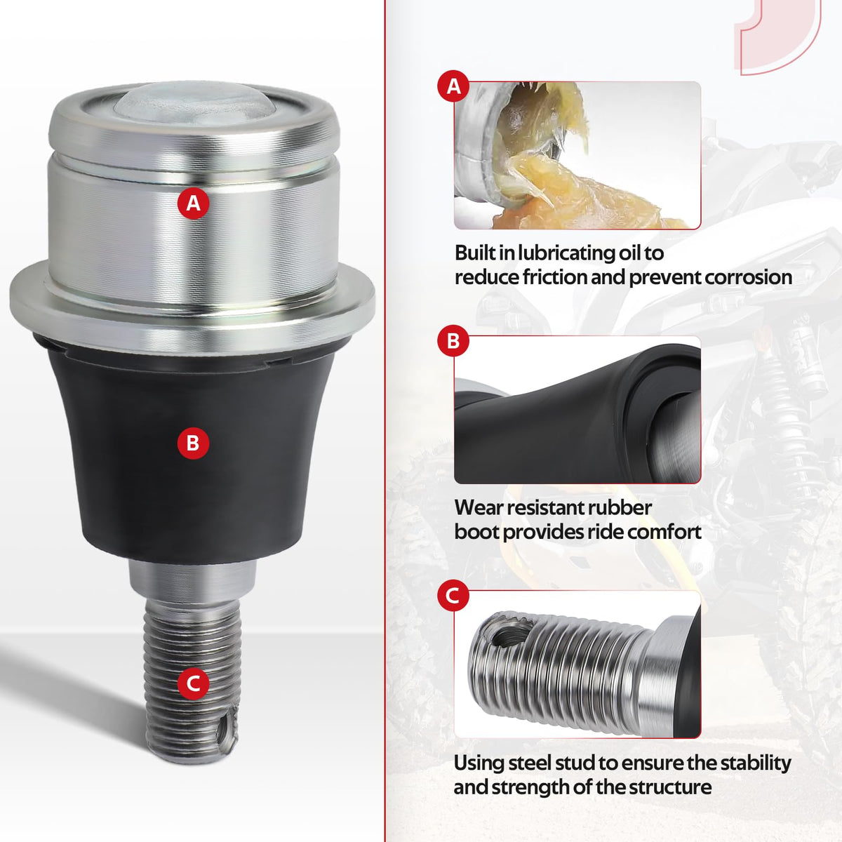 JAVIK lower ball joint detail highlighting rubber boot and load-bearing iron housing benefit
