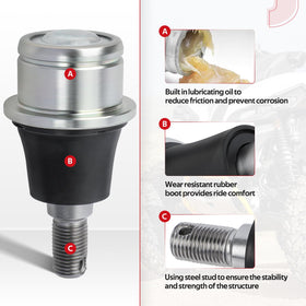 JAVIK lower ball joint detail highlighting rubber boot and load-bearing iron housing benefit
