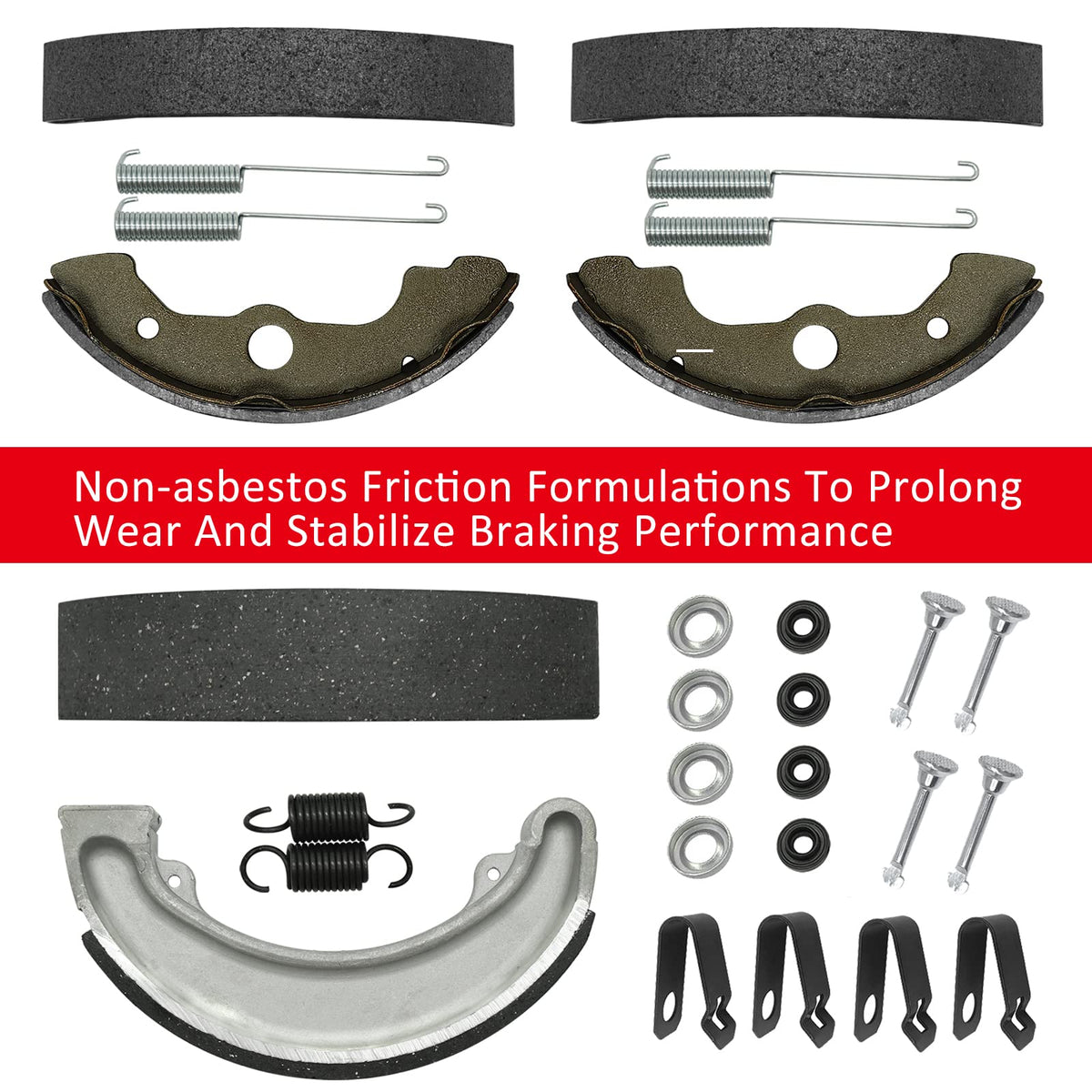JAVIK rear brake shoe detail showing solid-steel backing and durability benefit