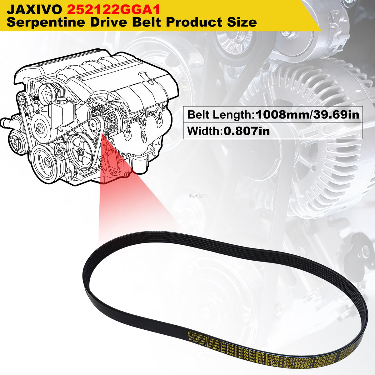 Jaxivo belt installed on engine pulleys showing proper routing and fit