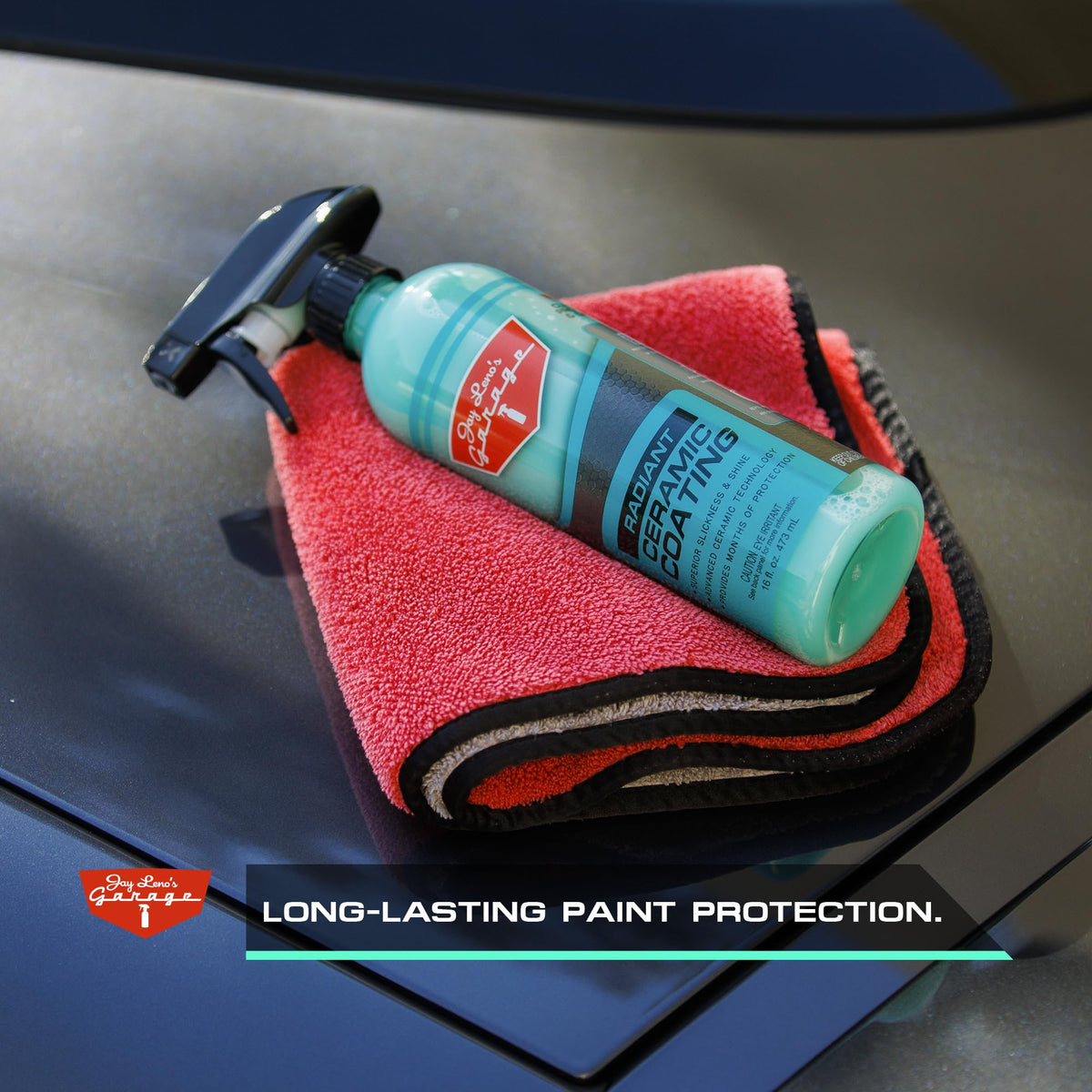 Jay Leno's Garage bottle with measuring cap showing application size