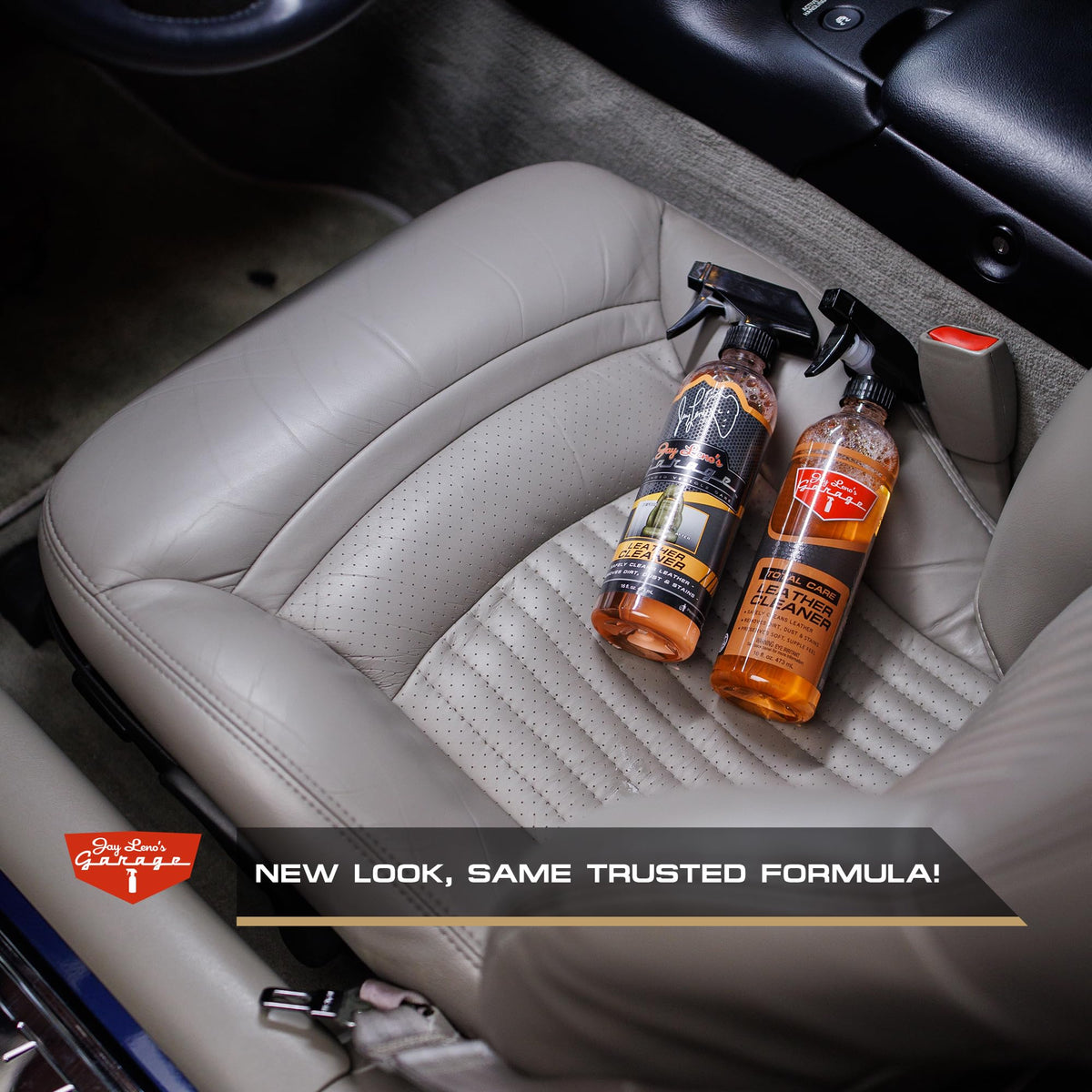 Jay Leno's Garage conditioner bottle detail highlighting moisturizing protection