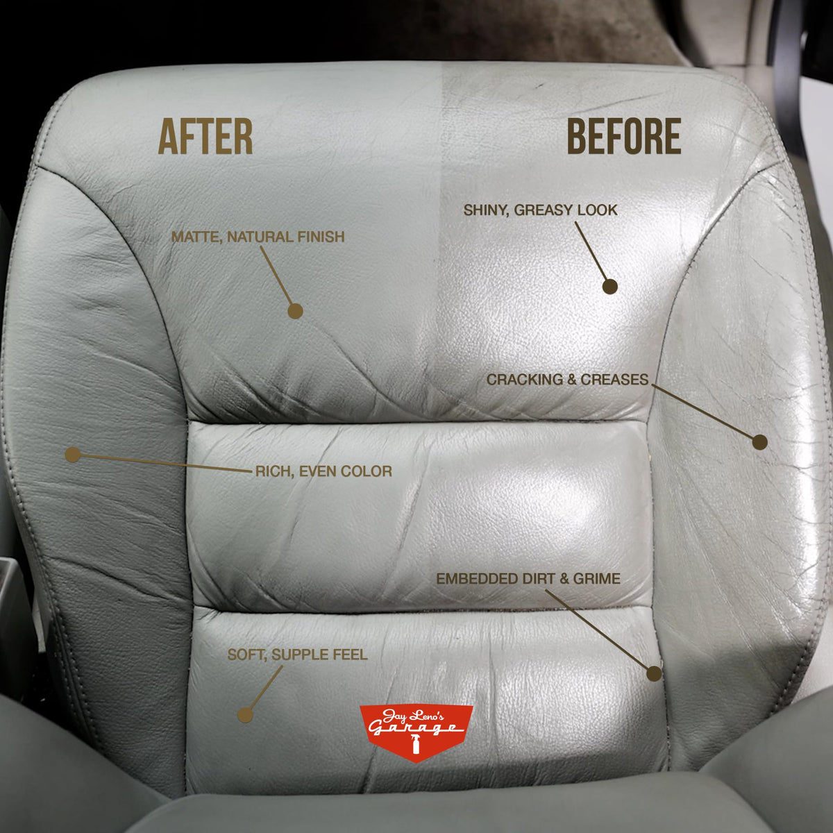 Jay Leno's Garage product in use on driver seat restoring suppleness and appearance