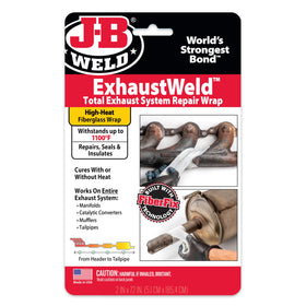 J-B Weld ExhaustWeld front packaging showing product size and high-heat benefit