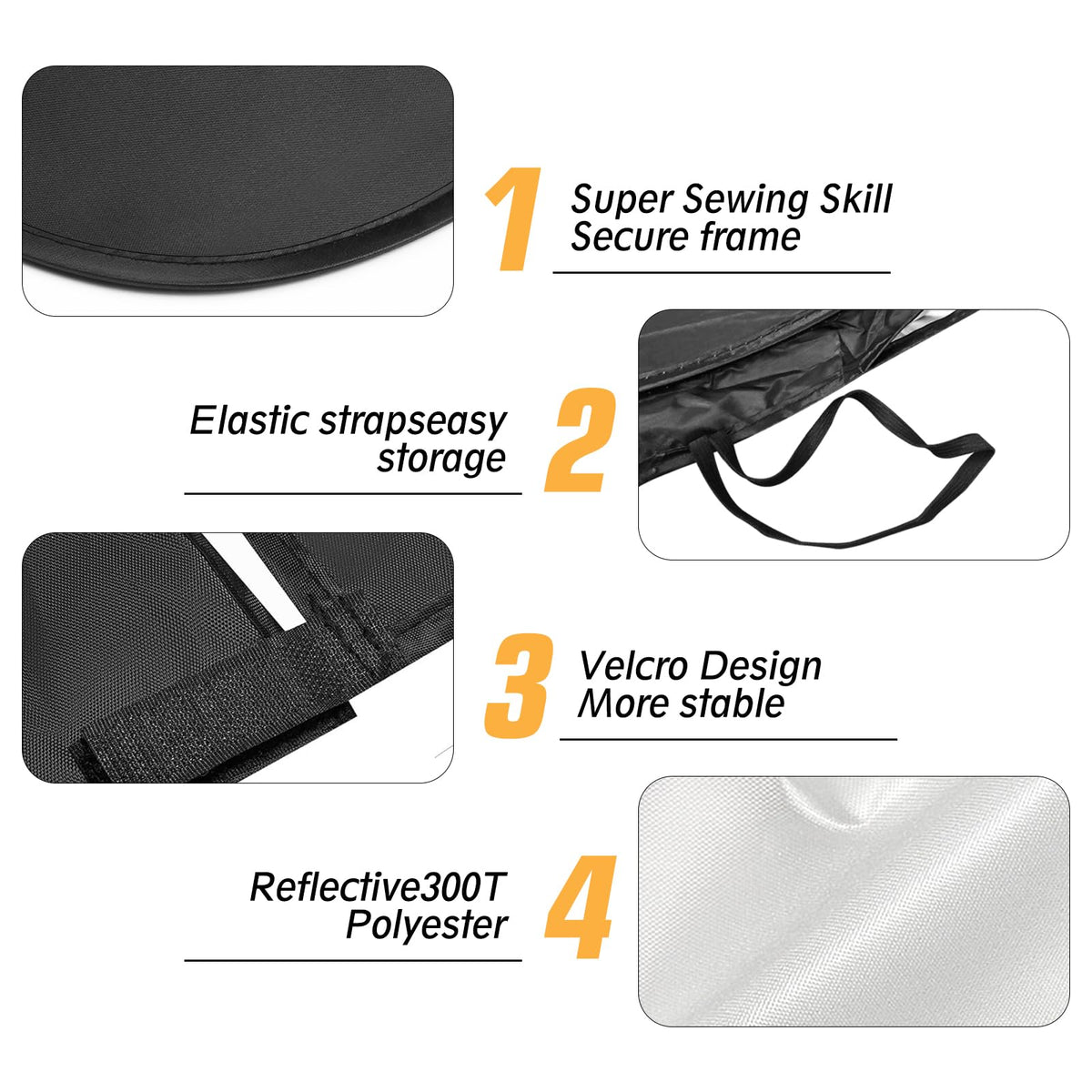 JCRNBU folded sun shade in storage pouch for compact stowage convenience