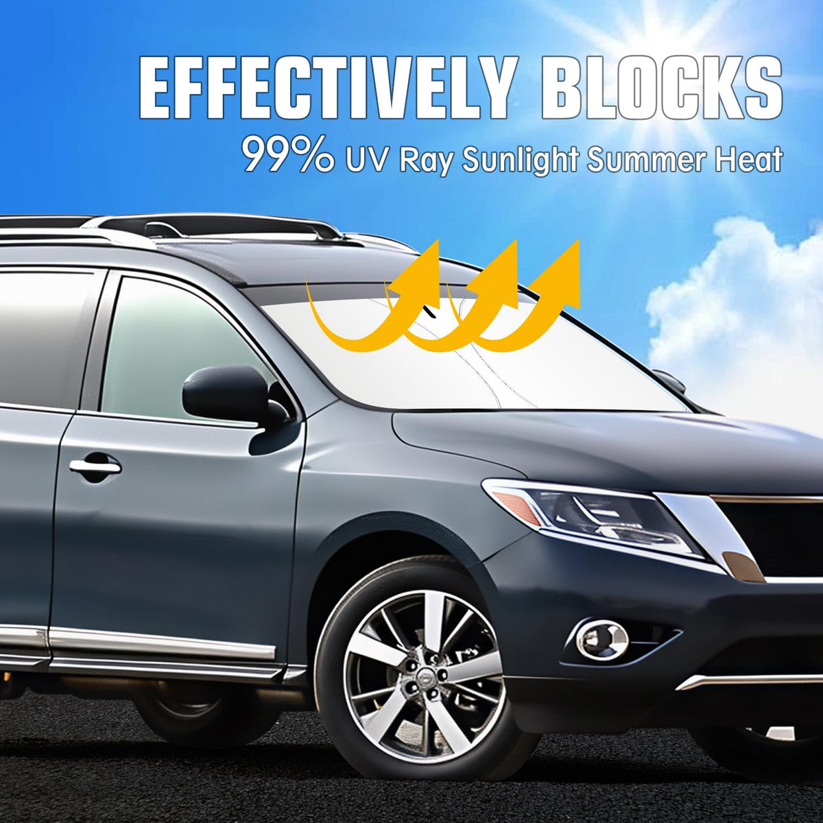 JCRNBU sun shade installed inside Nissan Pathfinder demonstrating secure fit and cooling