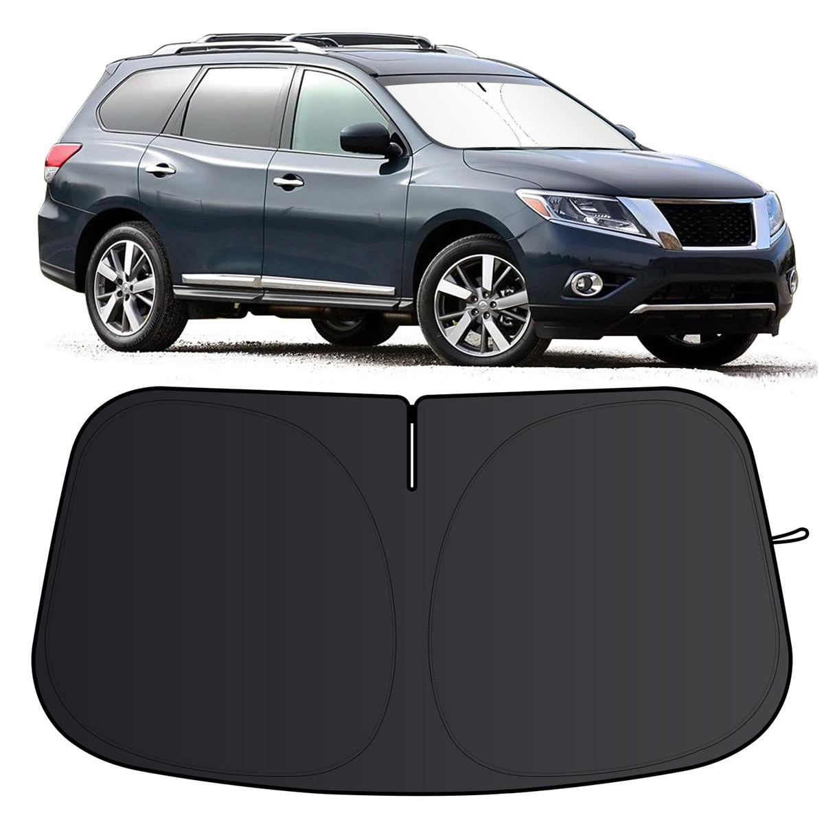 JCRNBU front view of Pathfinder sun shade showing full windshield coverage and protection