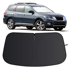JCRNBU front view of Pathfinder sun shade showing full windshield coverage and protection