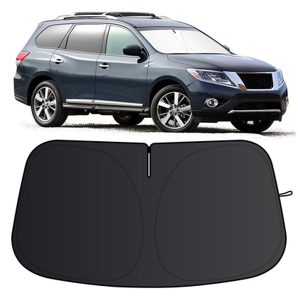 JCRNBU front view of Pathfinder sun shade showing full windshield coverage and protection